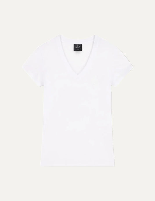 Armani Exchange women's white slim-fit cotton jersey T-shirt with V-neckline, short sleeves and minimalist design.