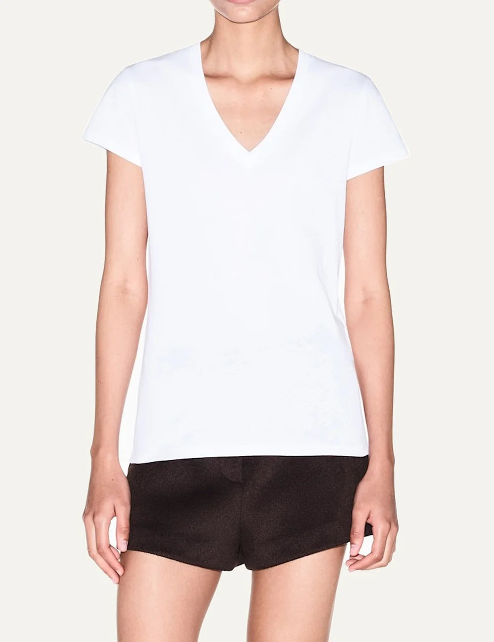 Armani Exchange women's white slim-fit cotton jersey T-shirt with V-neckline, short sleeves and minimalist design model