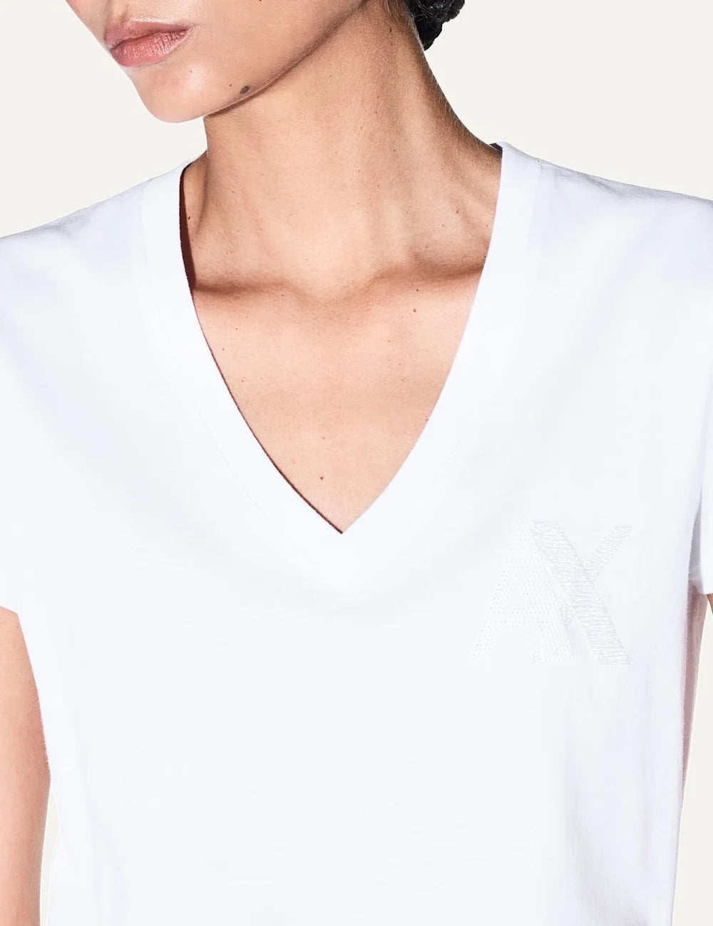 Armani Exchange women's white slim-fit cotton jersey T-shirt with V-neckline, short sleeves and minimalist design detail
