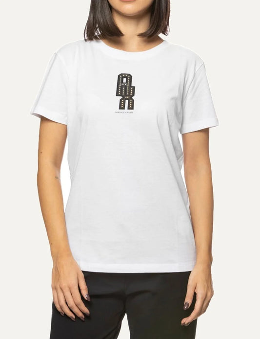 Women's Armani Exchange white T-shirt with short sleeves, crew neck and embellished A|X logo detail on the front
