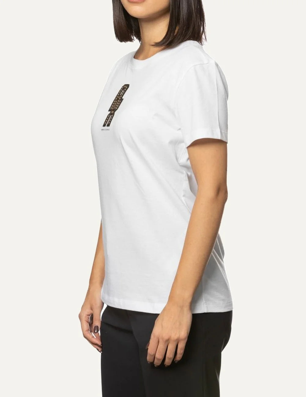 Women's Armani Exchange white T-shirt with short sleeves, crew neck and embellished A|X logo detail on the front side