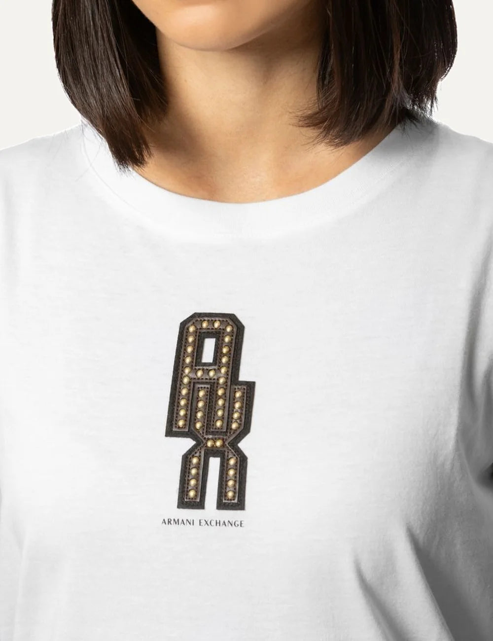 Women's Armani Exchange white T-shirt with short sleeves, crew neck and embellished A|X logo detail on the front detail