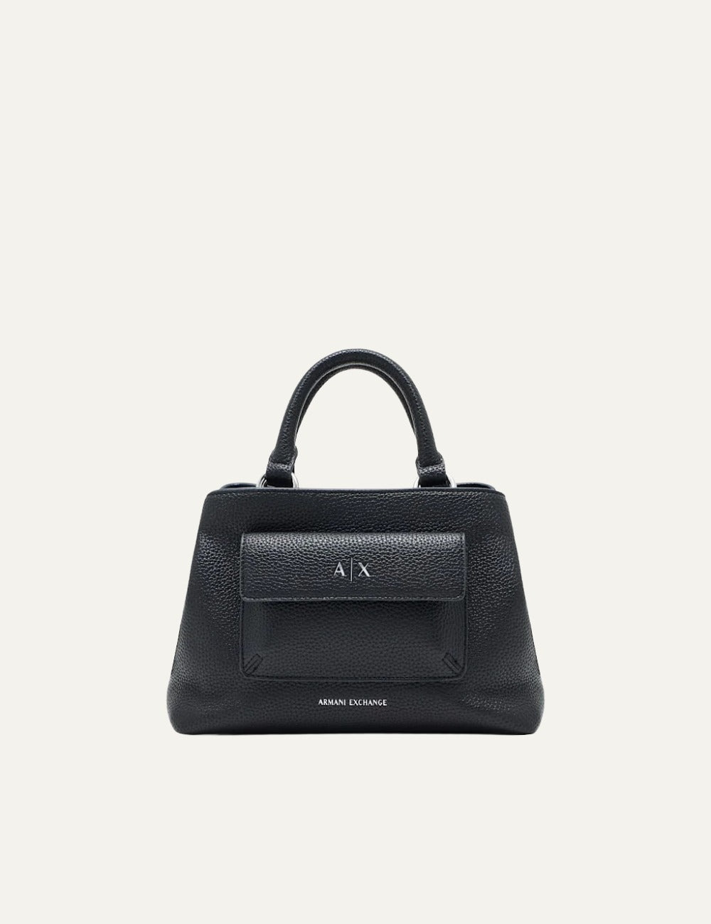 Women's Armani Exchange black textured handbag with top handles, front flap pocket and A|X logo detail