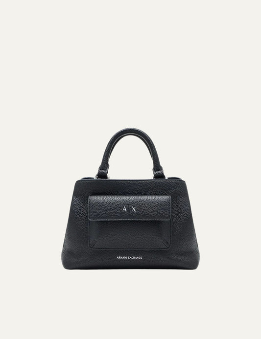 Women's Armani Exchange black textured handbag with top handles, front flap pocket and A|X logo detail