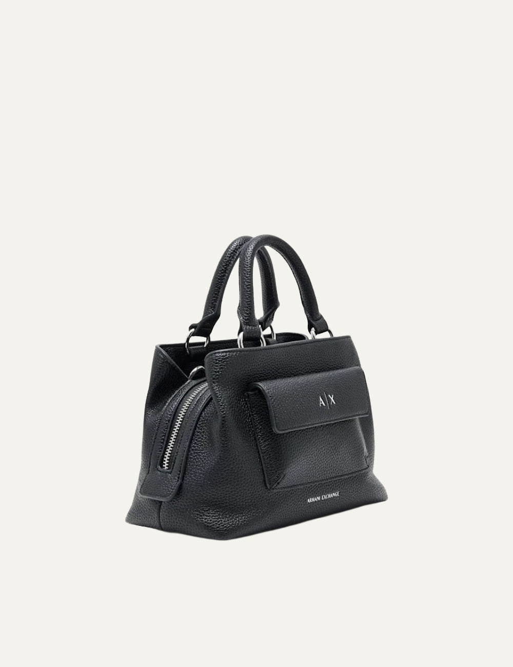 Women's Armani Exchange black textured handbag with top handles, front flap pocket and A|X logo detail