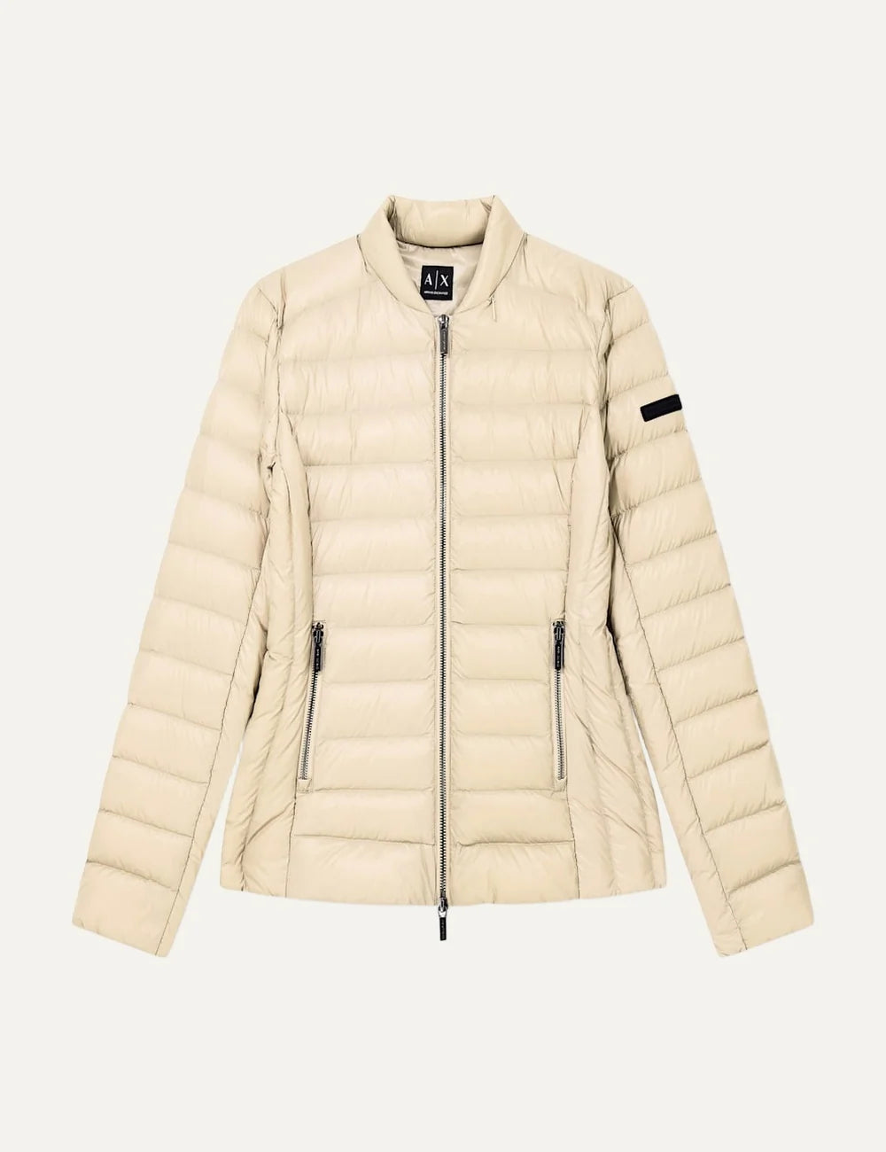 Women's Armani Exchange beige quilted down jacket with high collar, front zip closure and zippered side pockets