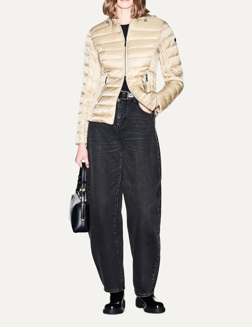 Women's Armani Exchange beige quilted down jacket with high collar, front zip closure and zippered side pockets full body