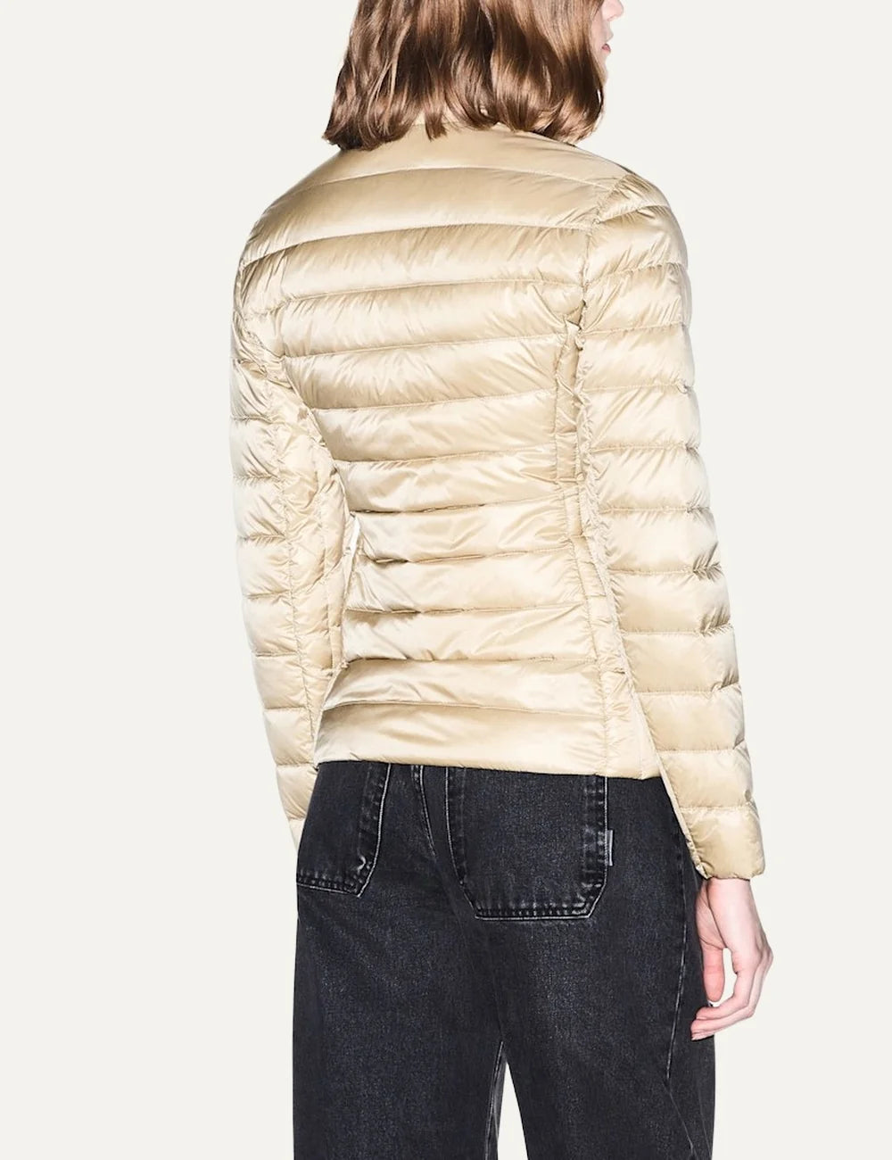 Women's Armani Exchange beige quilted down jacket with high collar, front zip closure and zippered side pockets back