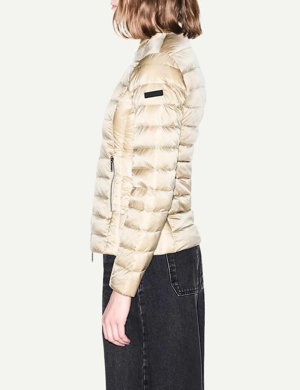 Women's Armani Exchange beige quilted down jacket with high collar, front zip closure and zippered side pockets side