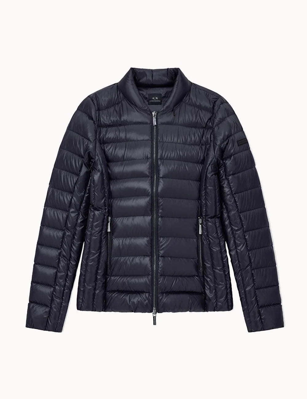Women's Armani Exchange black quilted down jacket with high collar, front zip closure and zippered side pockets
