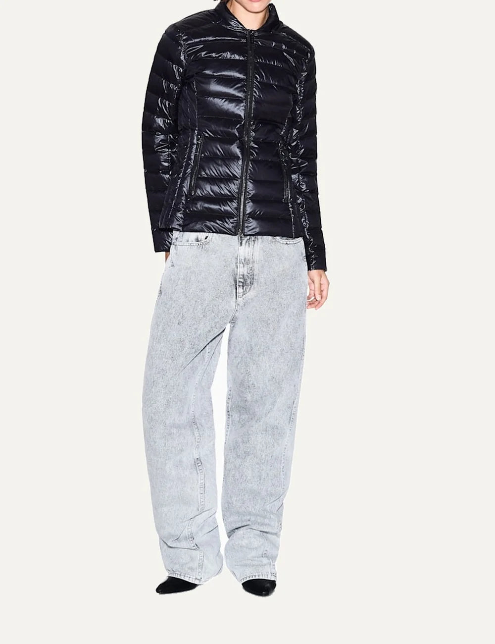 Women's Armani Exchange black quilted down jacket with high collar, front zip closure and zippered side pockets full body