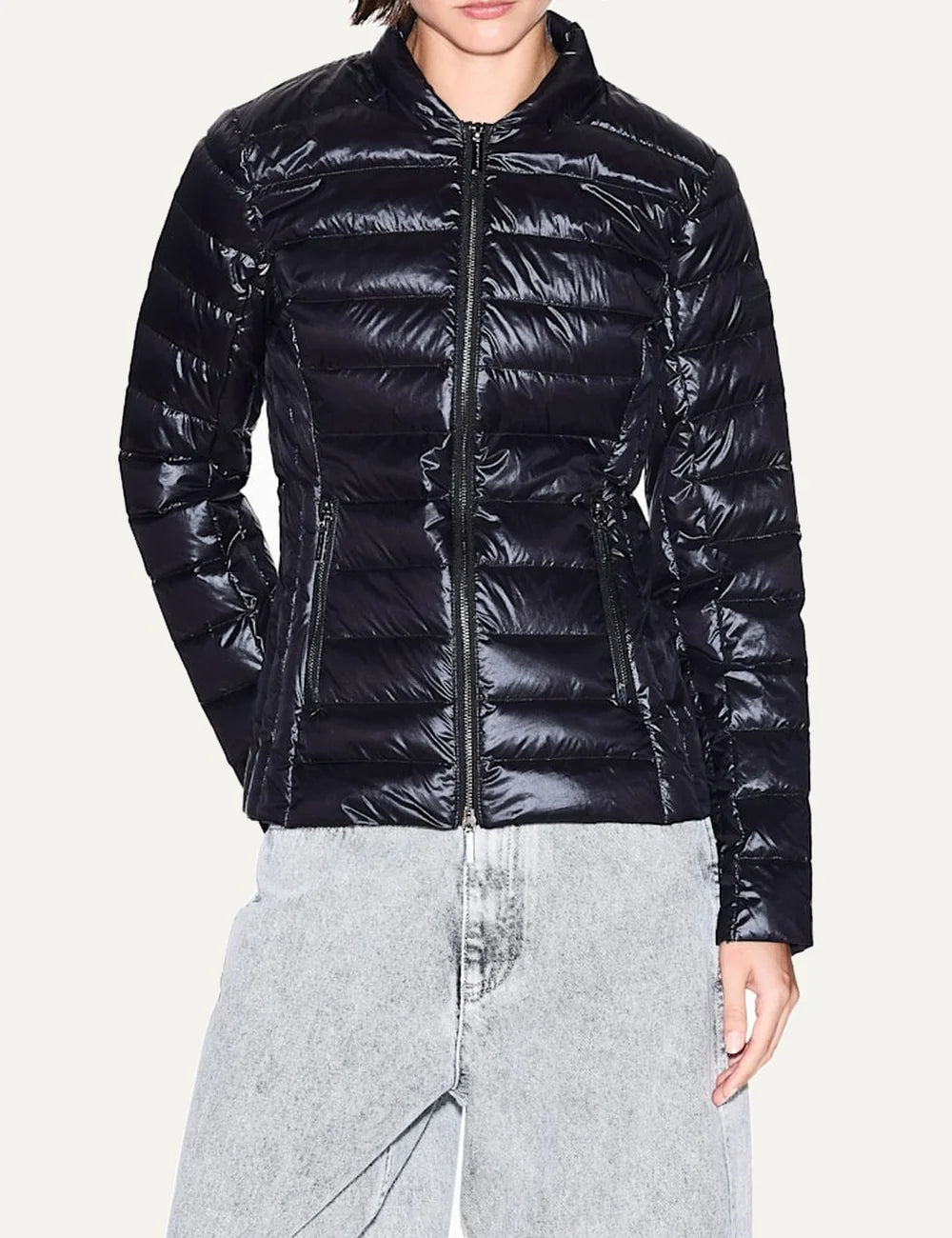 Women's Armani Exchange black quilted down jacket with high collar, front zip closure and zippered side pockets model