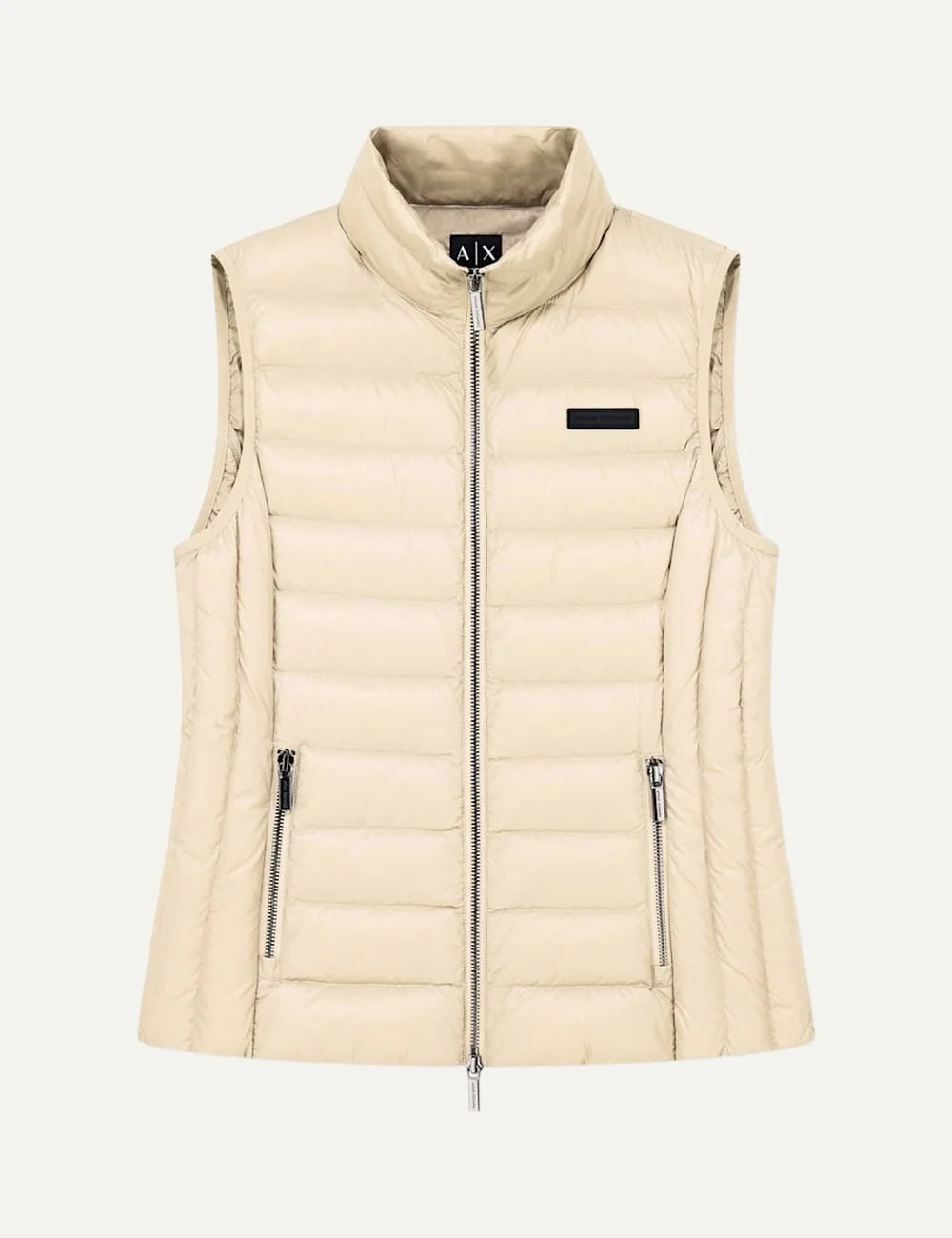 Women's Armani Exchange beige quilted down vest with high collar, front zip closure and zippered side pockets