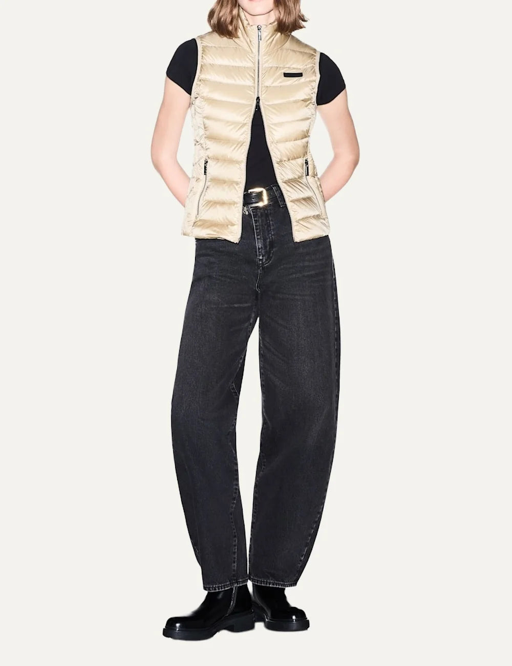 Women's Armani Exchange beige quilted down vest with high collar, front zip closure and zippered side pockets full body