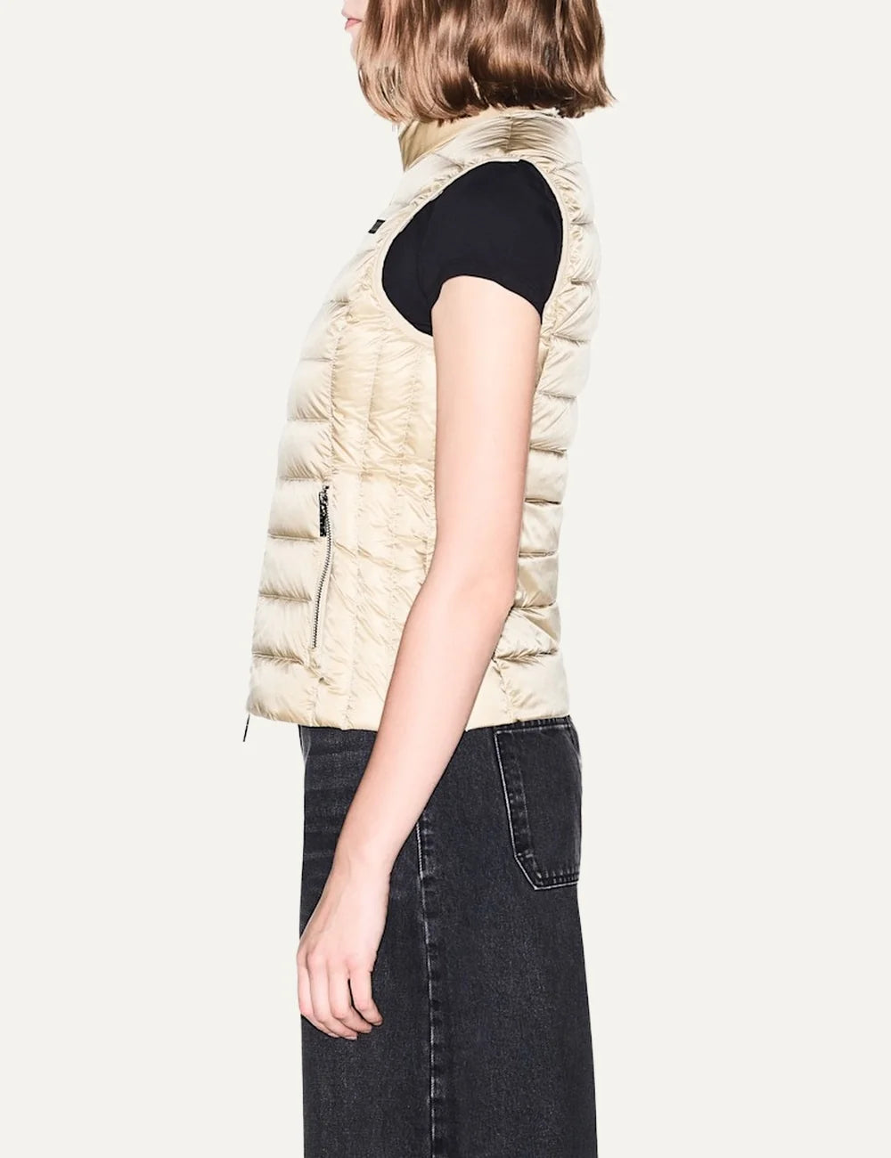 Women's Armani Exchange beige quilted down vest with high collar, front zip closure and zippered side pockets side