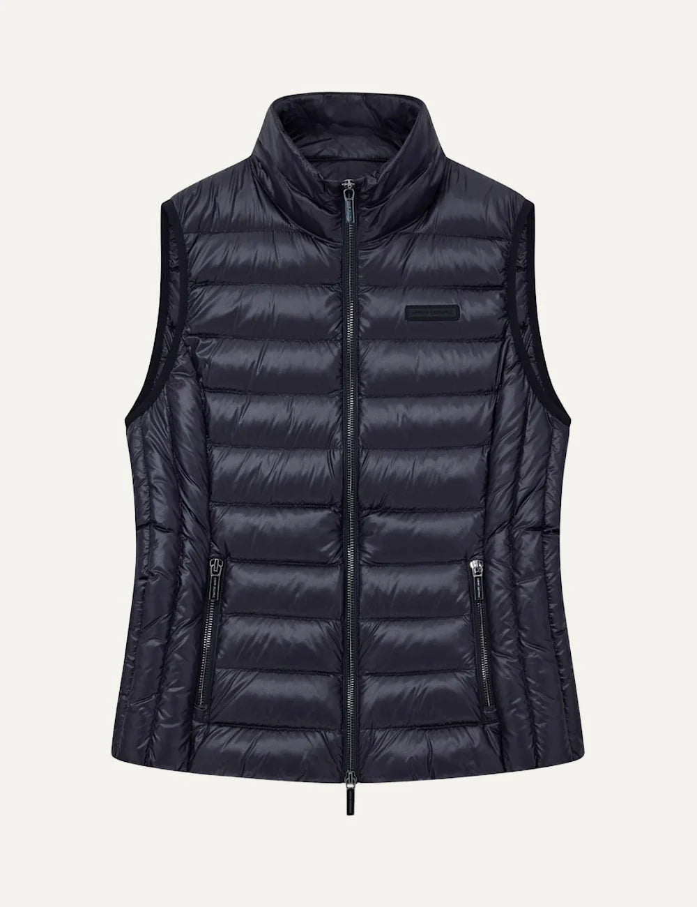 Women's Armani Exchange black quilted down vest with high collar, front zip closure and zippered side pockets