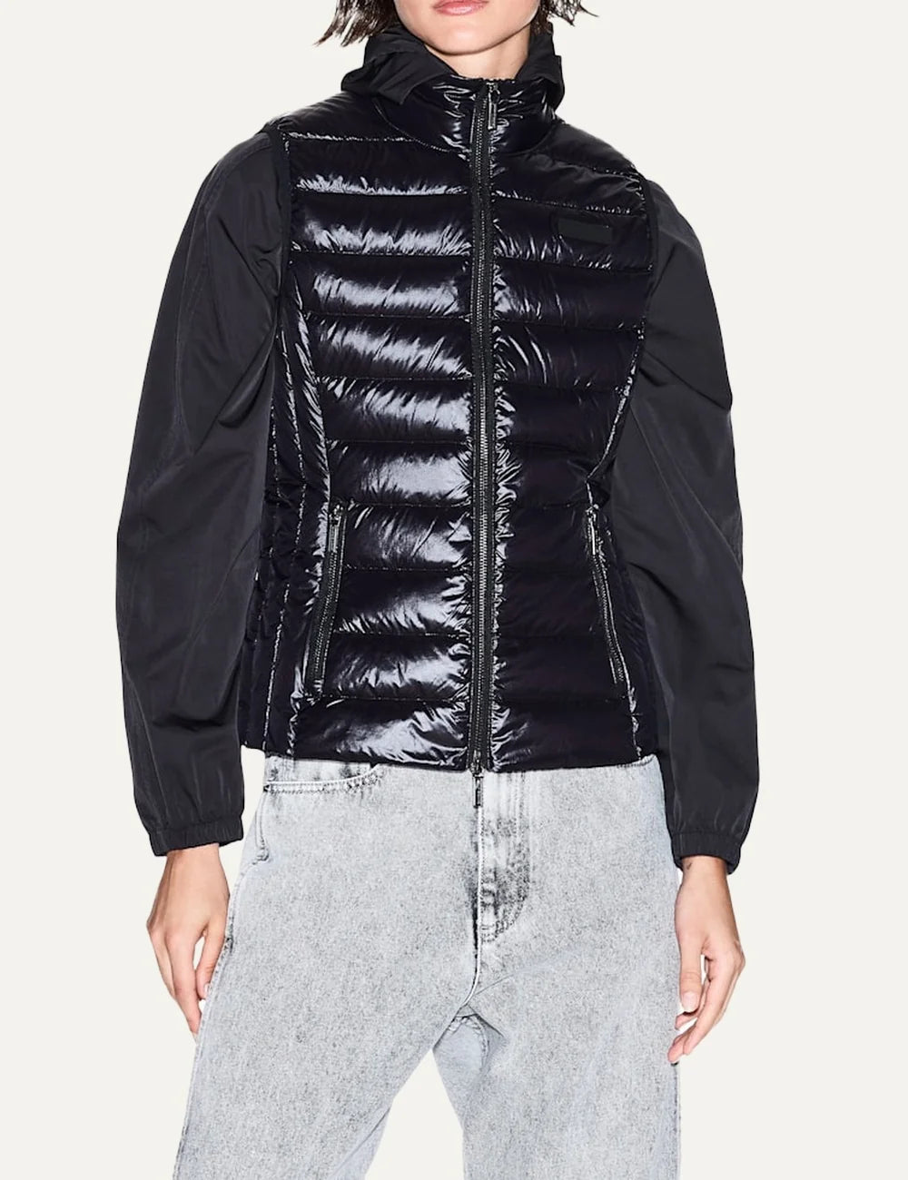 Women's Armani Exchange black quilted down vest with high collar, front zip closure and zippered side pockets model