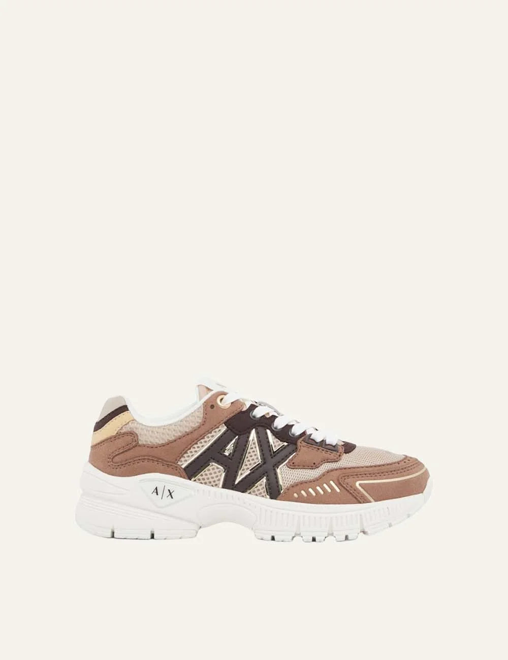 Women's Armani Exchange beige and brown multi-material sneakers with mesh panels, metallic A|X logo, reflective details and chunky white rubber sole