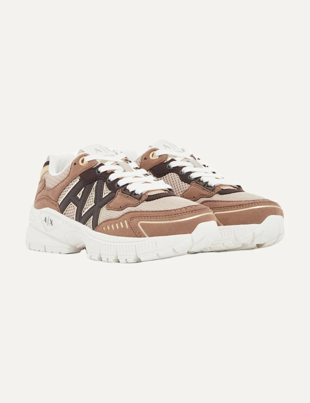 Women's Armani Exchange beige and brown multi-material sneakers with mesh panels, metallic A|X logo, reflective details and chunky white rubber sole front