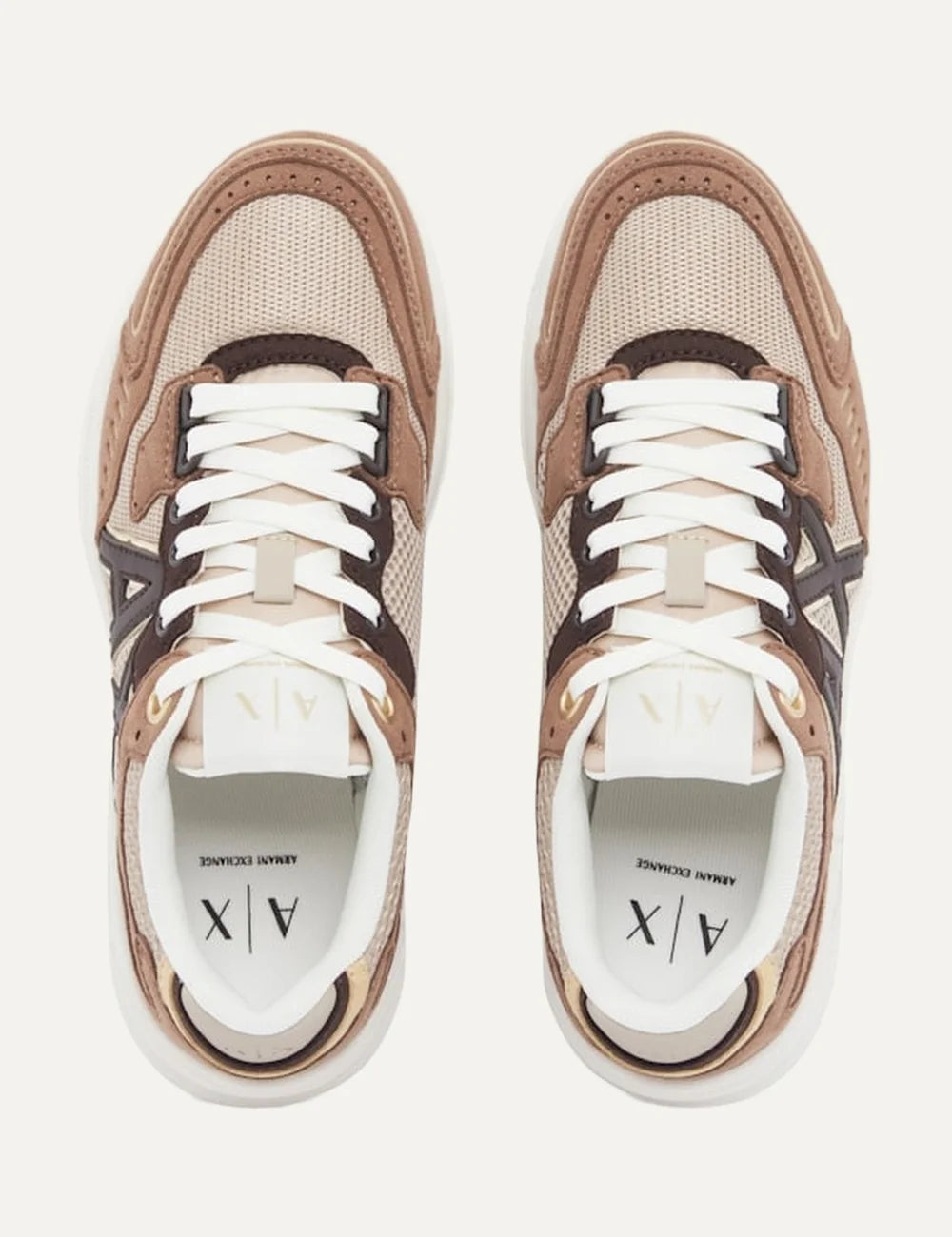 Women's Armani Exchange beige and brown multi-material sneakers with mesh panels, metallic A|X logo, reflective details and chunky white rubber sole top