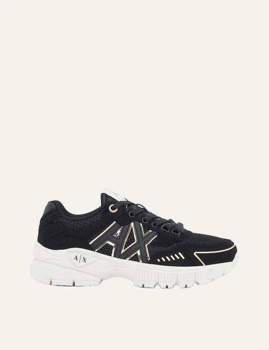 Women's Armani Exchange black multi-material sneakers with mesh panels, metallic A|X logo, reflective details and chunky white rubber sole
