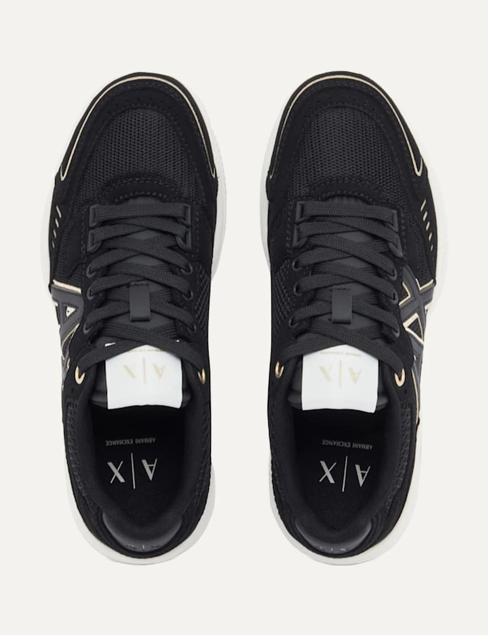 Women's Armani Exchange black multi-material sneakers with mesh panels, metallic A|X logo, reflective details and chunky white rubber sole top