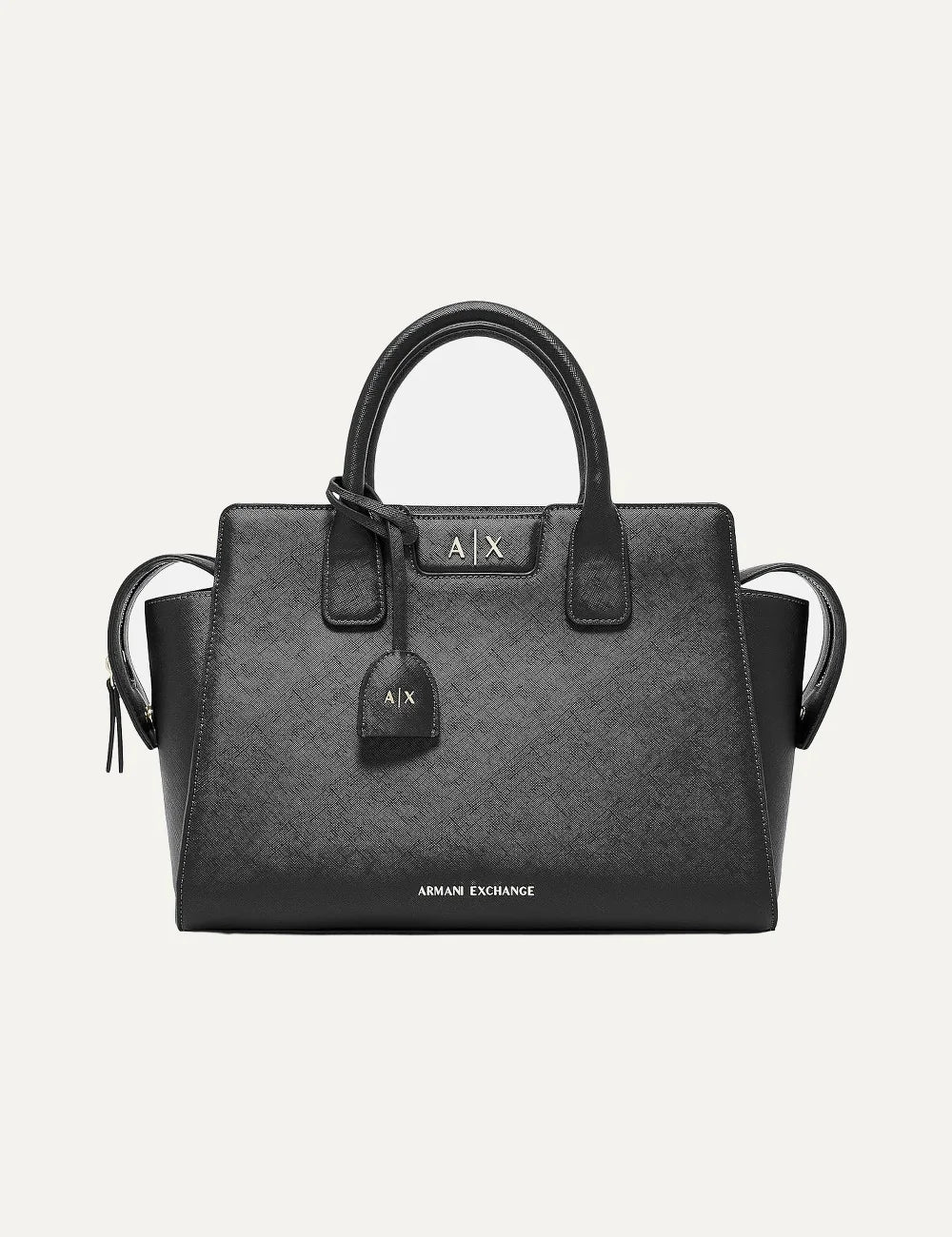 Women's Armani Exchange black Saffiano-effect structured handbag with top handles, removable shoulder strap, logo charm and metallic A|X logo