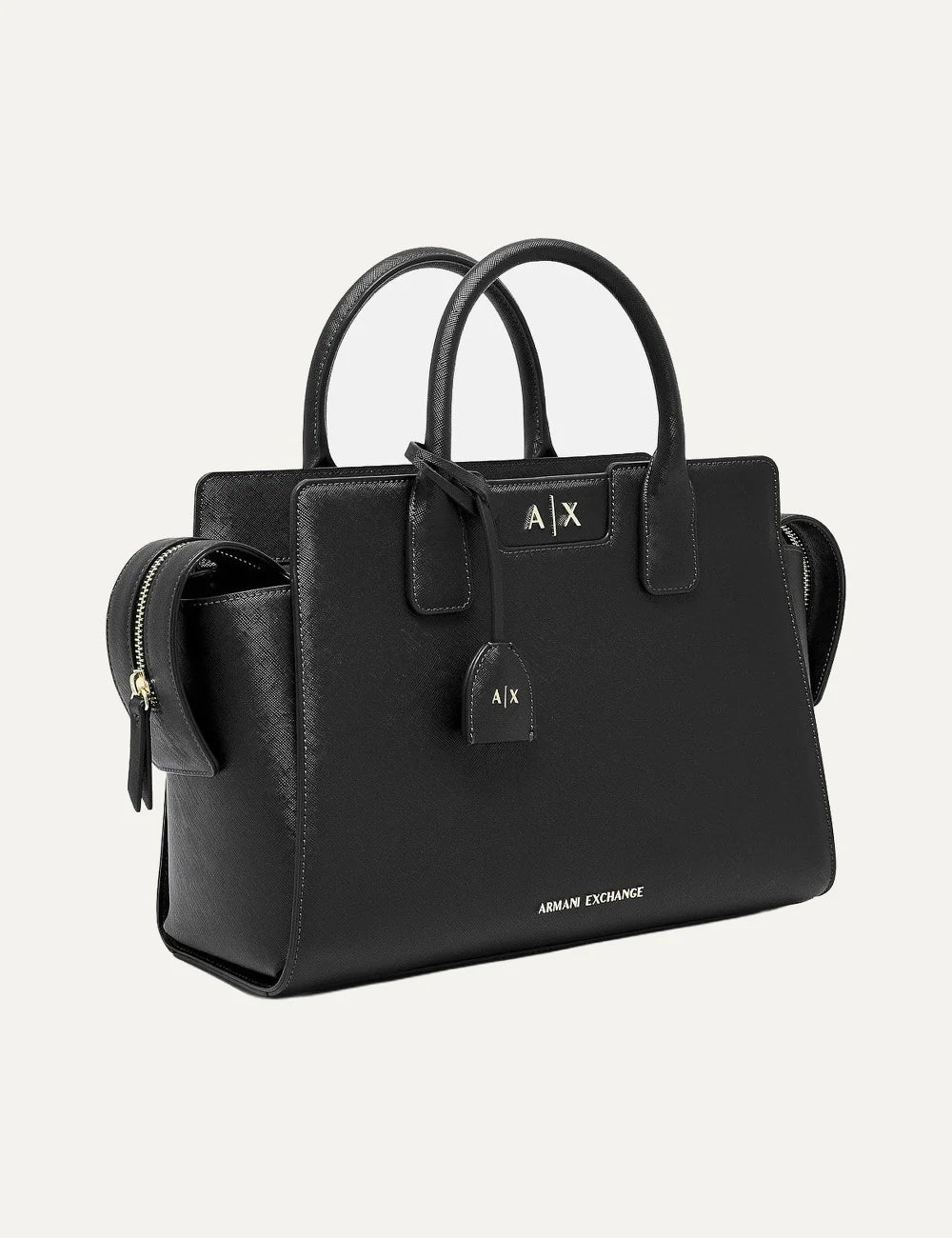 Women's Armani Exchange black Saffiano-effect structured handbag with top handles, removable shoulder strap, logo charm and metallic A|X logo side