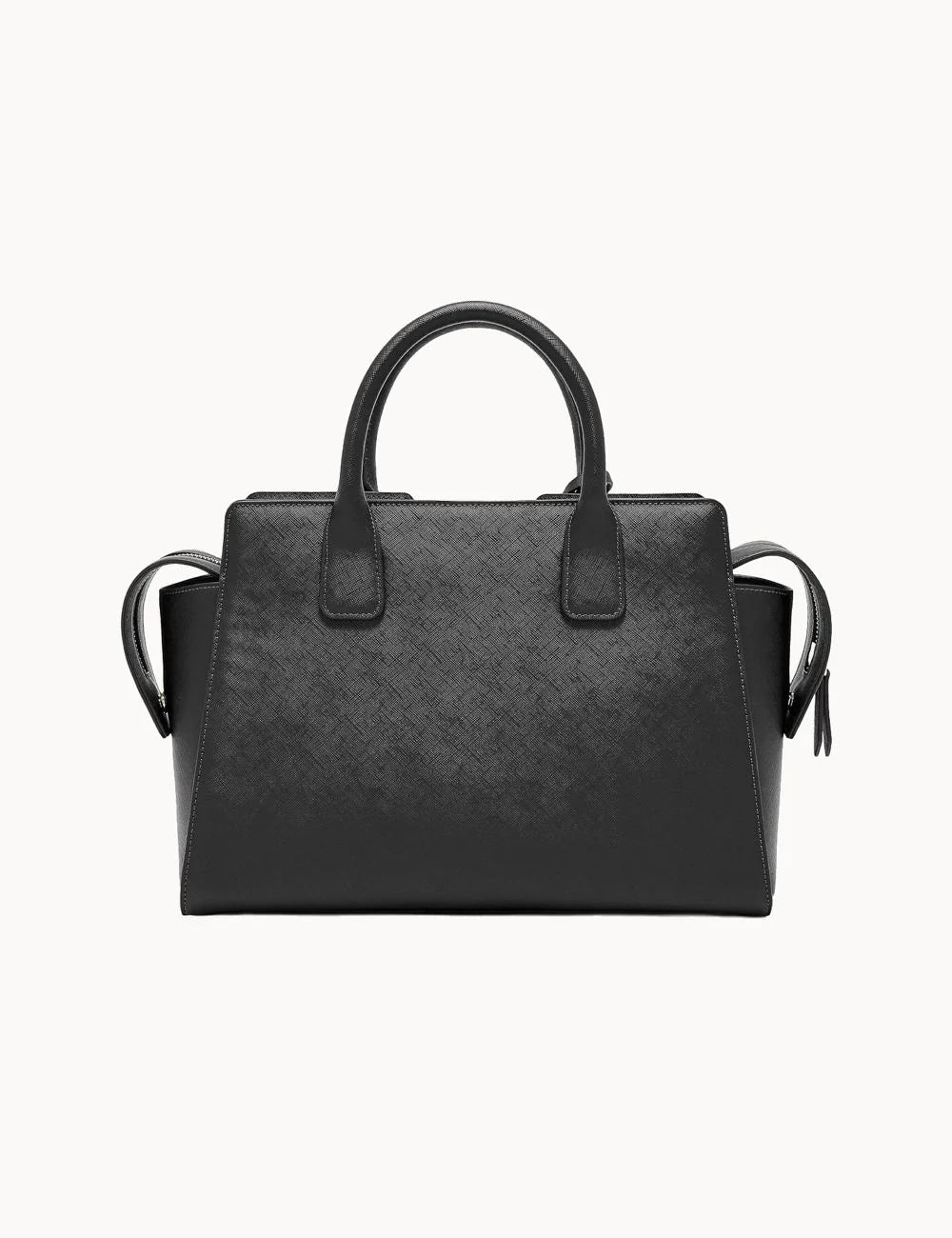 Women's Armani Exchange black Saffiano-effect structured handbag with top handles, removable shoulder strap, logo charm and metallic A|X logo back