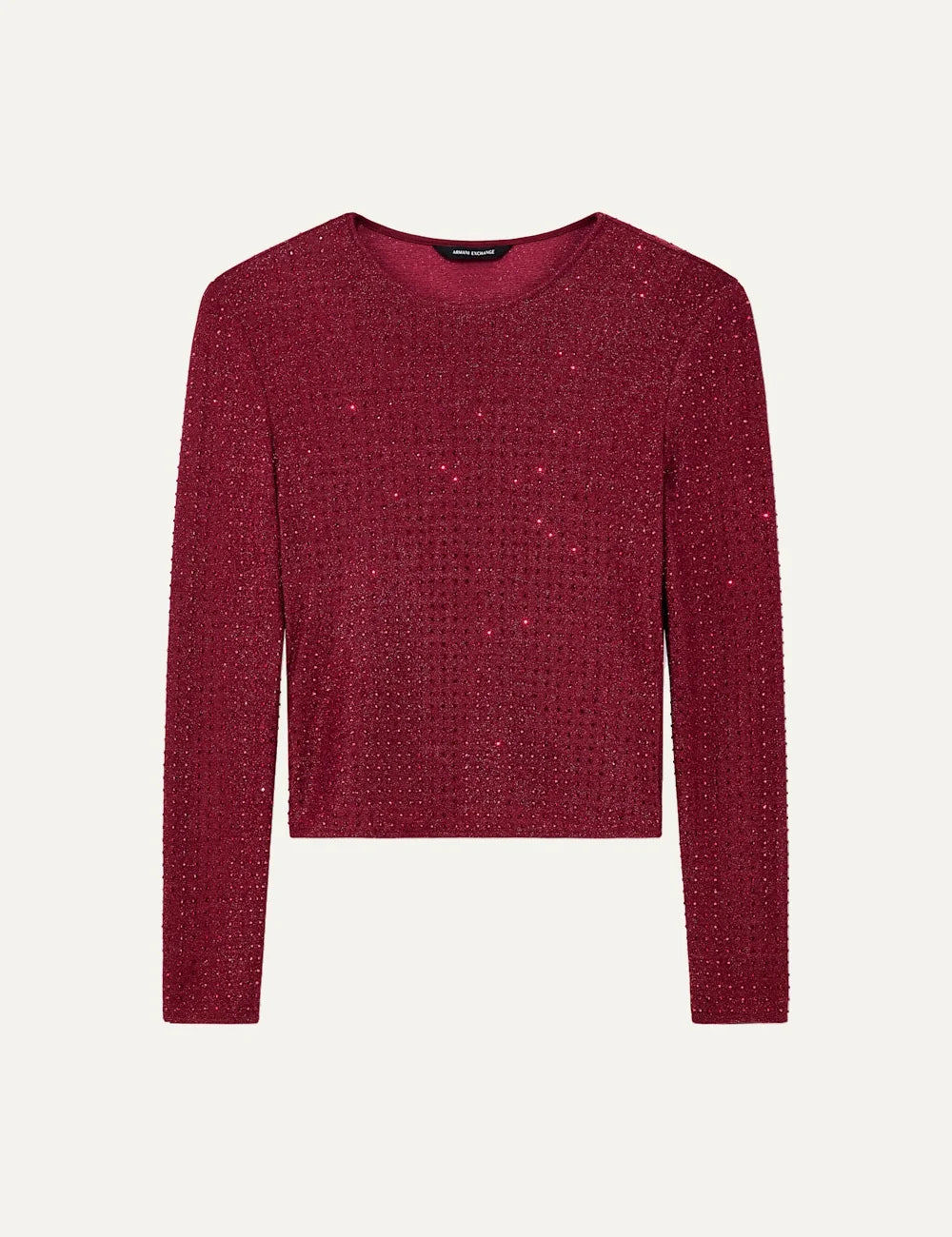 Women's Armani Exchange red slim-fit stretch jersey top with all-over rhinestone embellishments, crew neck and long sleeves