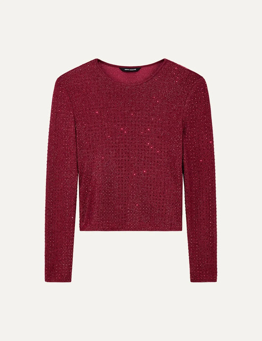Women's Armani Exchange red slim-fit stretch jersey top with all-over rhinestone embellishments, crew neck and long sleeves