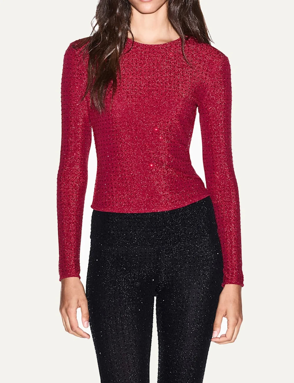 Women's Armani Exchange red slim-fit stretch jersey top with all-over rhinestone embellishments, crew neck and long sleeves model