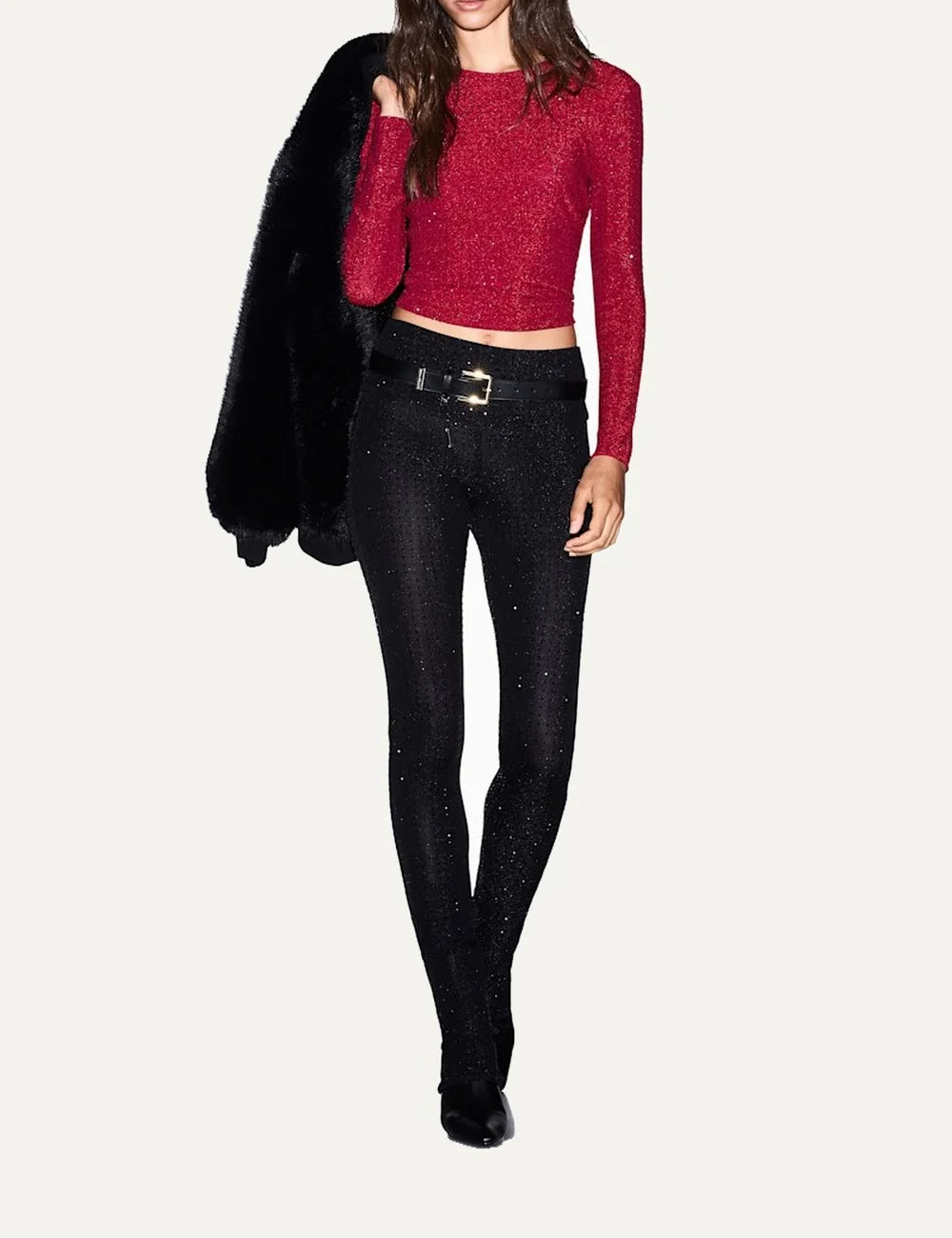 Women's Armani Exchange red slim-fit stretch jersey top with all-over rhinestone embellishments, crew neck and long sleeves full body