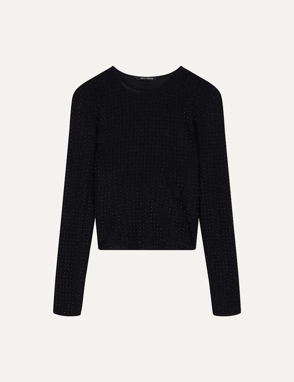 Women's Armani Exchange black slim-fit stretch jersey top with all-over rhinestone embellishments, crew neck and long sleeves