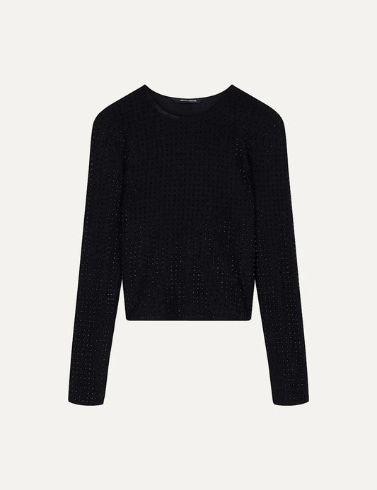 Women's Armani Exchange black slim-fit stretch jersey top with all-over rhinestone embellishments, crew neck and long sleeves