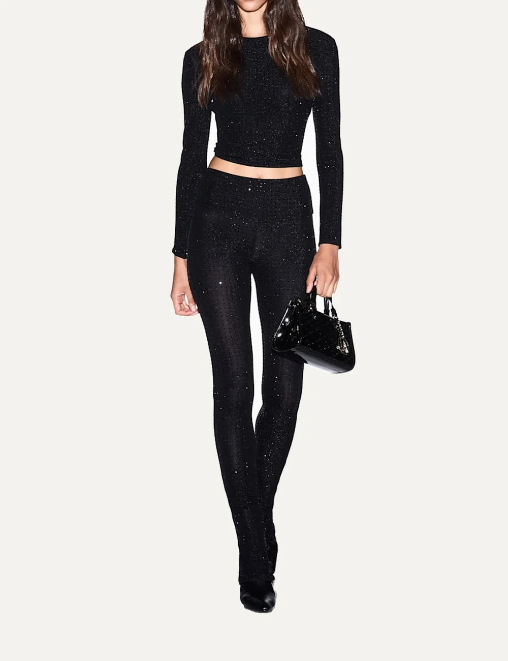 Women's Armani Exchange black slim-fit stretch jersey top with all-over rhinestone embellishments, crew neck and long sleeves full body
