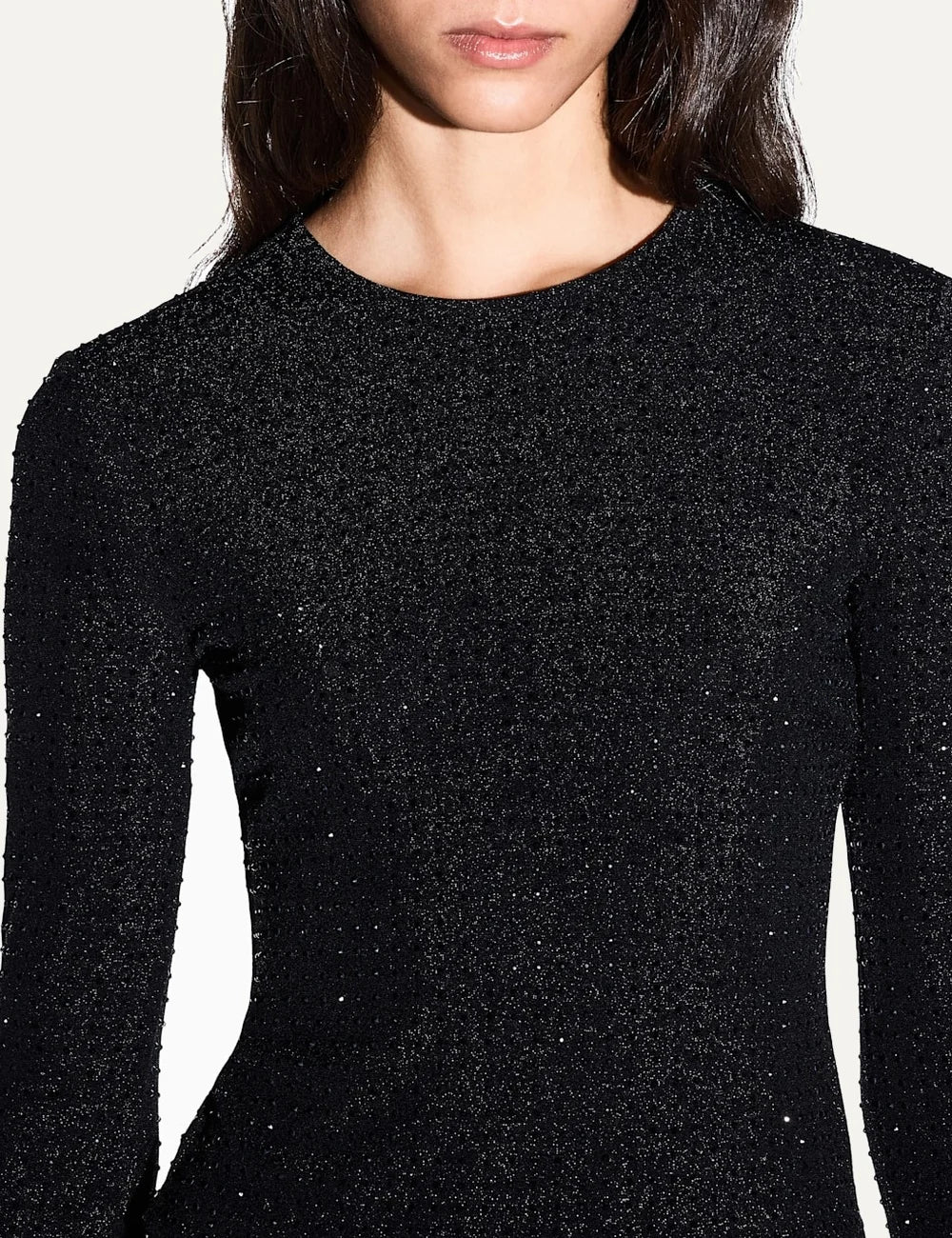 Women's Armani Exchange black slim-fit stretch jersey top with all-over rhinestone embellishments, crew neck and long sleeves detail