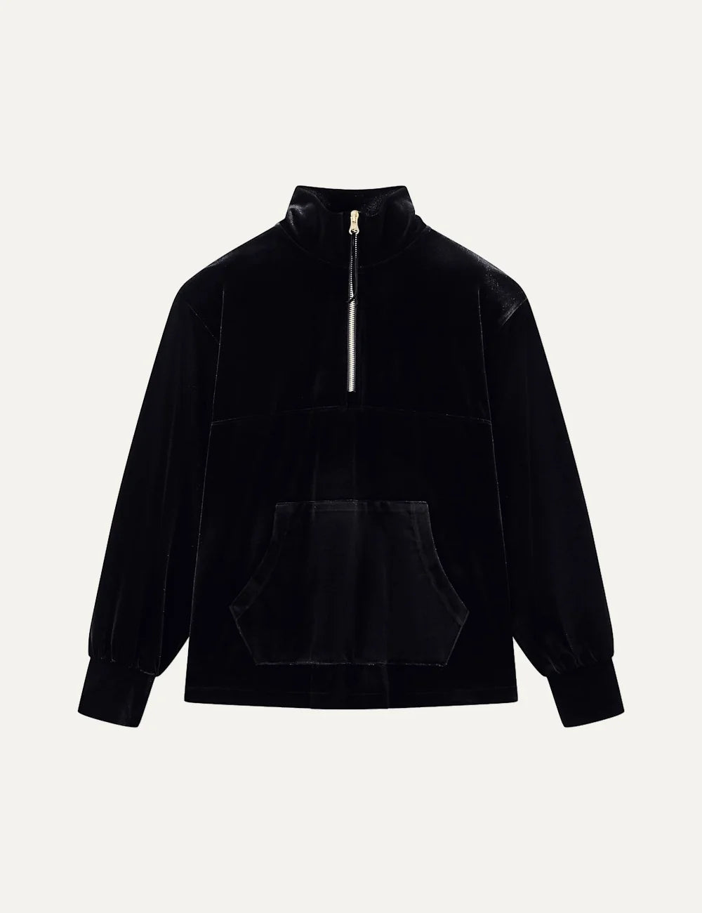 Women's Armani Exchange black stretch velvet sweatshirt with high neck, half-zip closure and front kangaroo pocket