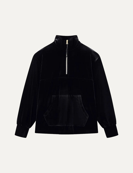 Women's Armani Exchange black stretch velvet sweatshirt with high neck, half-zip closure and front kangaroo pocket