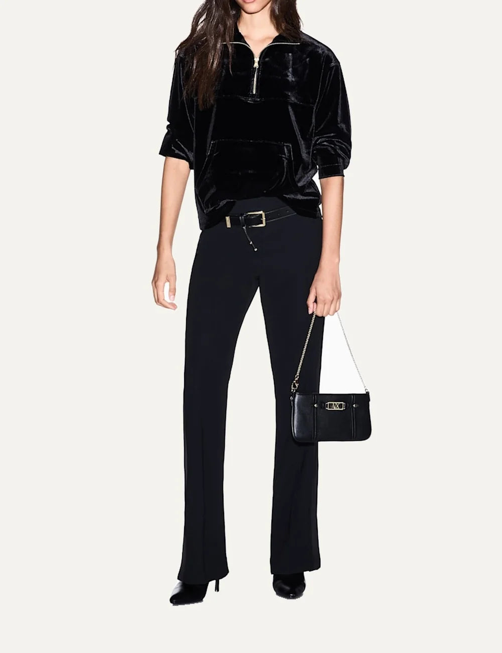Women's Armani Exchange black stretch velvet sweatshirt with high neck, half-zip closure and front kangaroo pocket full body
