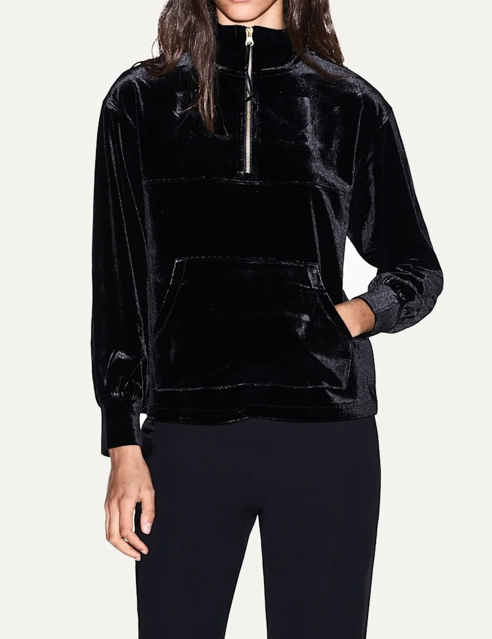 Women's Armani Exchange black stretch velvet sweatshirt with high neck, half-zip closure and front kangaroo pocket model