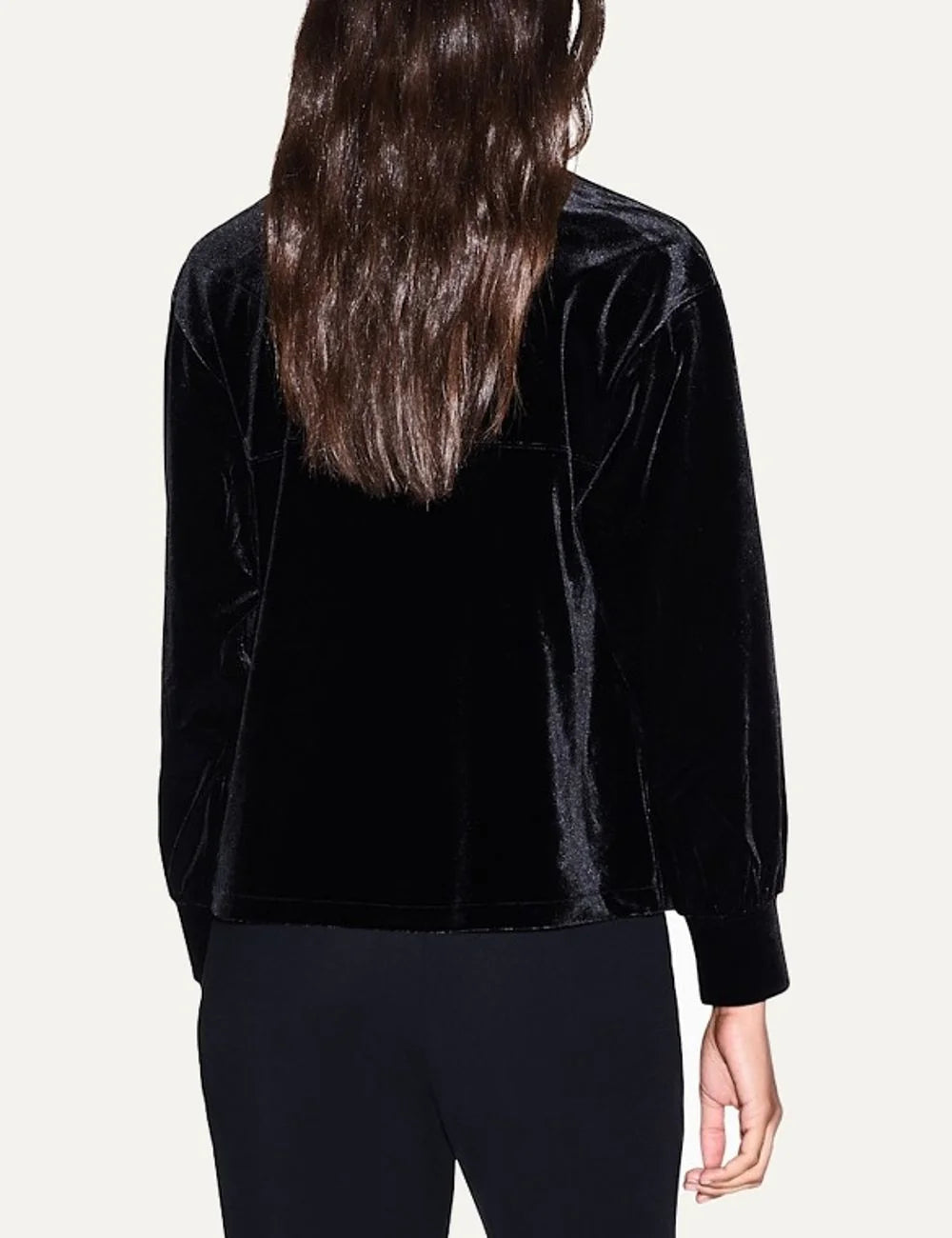 Women's Armani Exchange black stretch velvet sweatshirt with high neck, half-zip closure and front kangaroo pocket back
