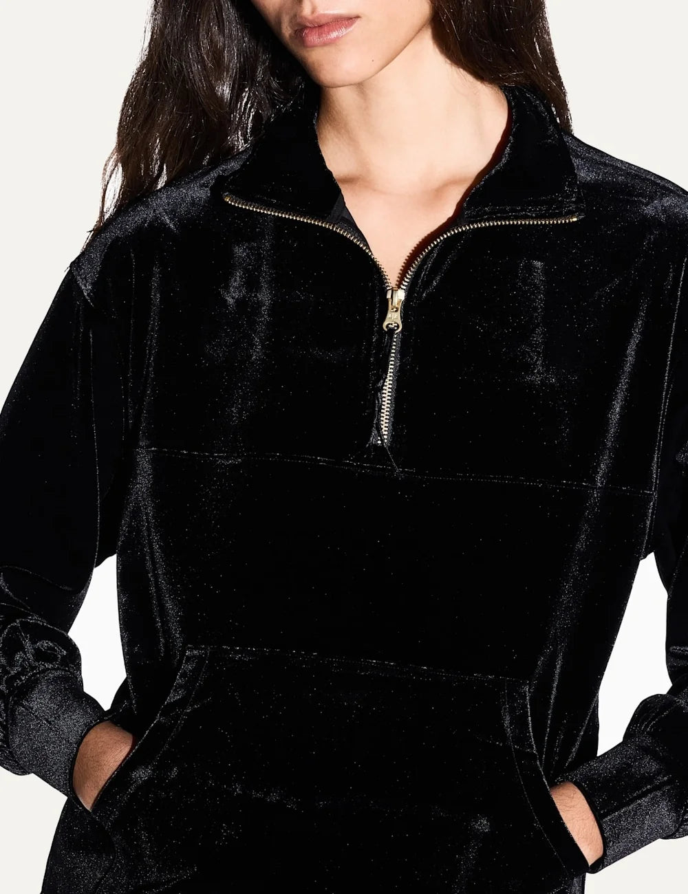 Women's Armani Exchange black stretch velvet sweatshirt with high neck, half-zip closure and front kangaroo pocket detail