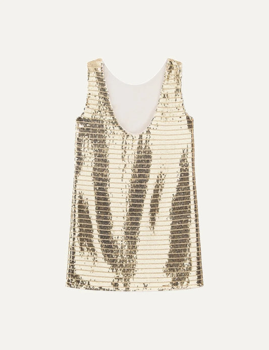 Women's Armani Exchange gold sequin mini dress with slim fit, round neckline and deep scoop back