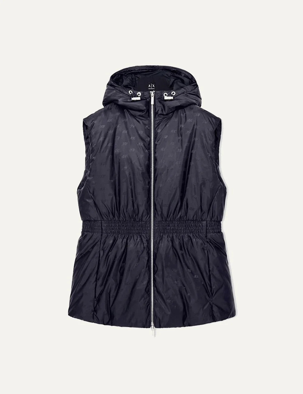 Women's Armani Exchange dark blue sleeveless padded jacket with all-over logo pattern, hood and elasticated waist