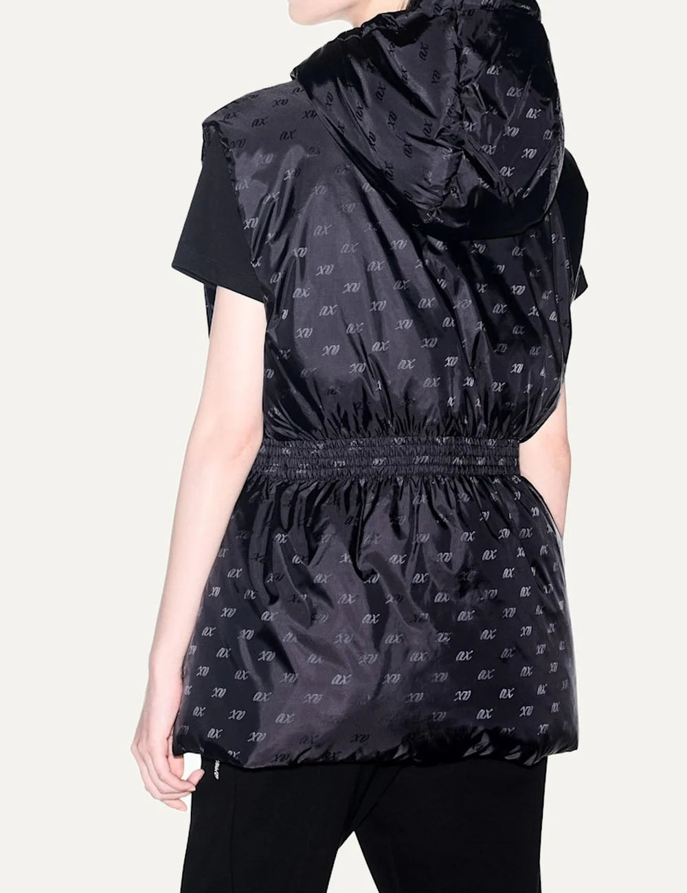 Women's Armani Exchange dark blue sleeveless padded jacket with all-over logo pattern, hood and elasticated waist back