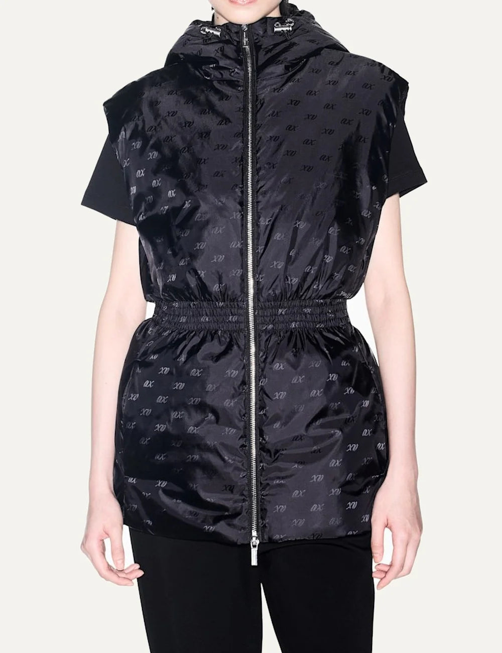 Women's Armani Exchange dark blue sleeveless padded jacket with all-over logo pattern, hood and elasticated waist model