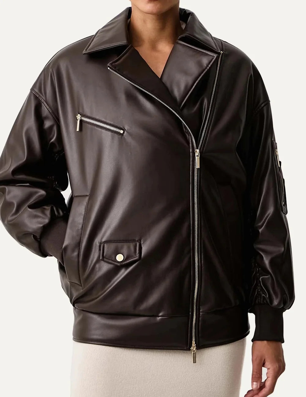 Women's Armani Exchange dark brown oversized biker jacket with asymmetric zip closure and metallic hardware