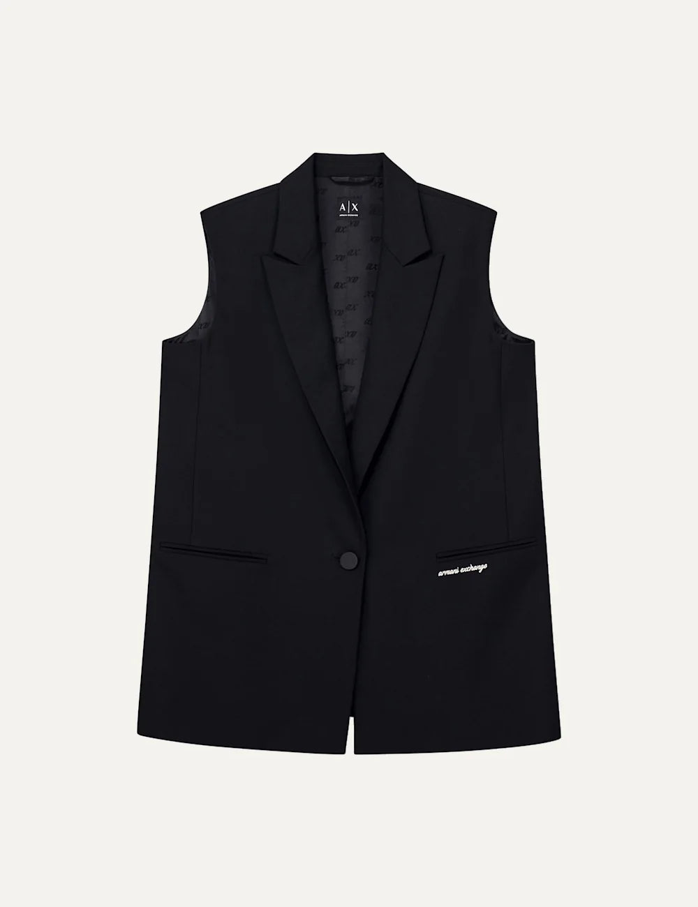 Women's Armani Exchange black tailored waistcoat with peak lapels, single-button closure and embroidered logo