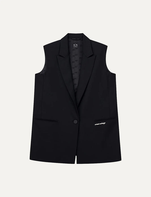 Women's Armani Exchange black tailored waistcoat with peak lapels, single-button closure and embroidered logo
